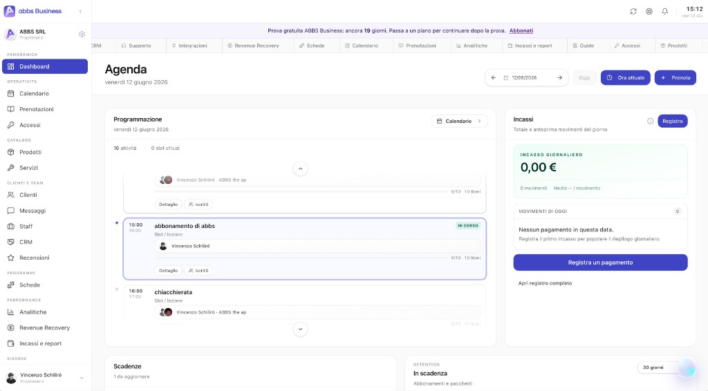 Dashboard ABBS Business con agenda, incassi e gestione operativa